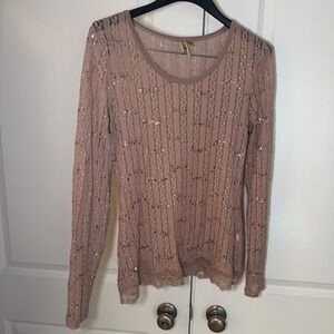 BKE Womens Long Sleeve Lace Sequin Top Mauve Pink Scoop Neck Sheer Blouse Large